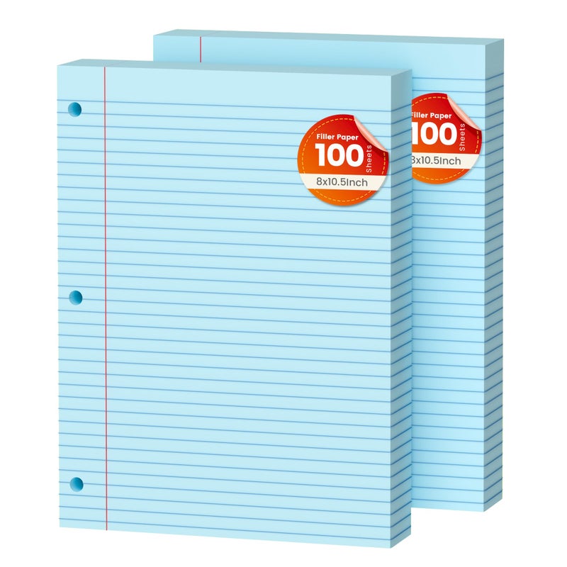 AILZFEI Blue Loose Leaf Paper 200 Sheets Colored Filler Paper 2 Pack 8 * 10.5 College Ruled 3-Hole Punched Paper for 3-Ring Binders Notebook Lined 8"" x 10.5"" - Image 1